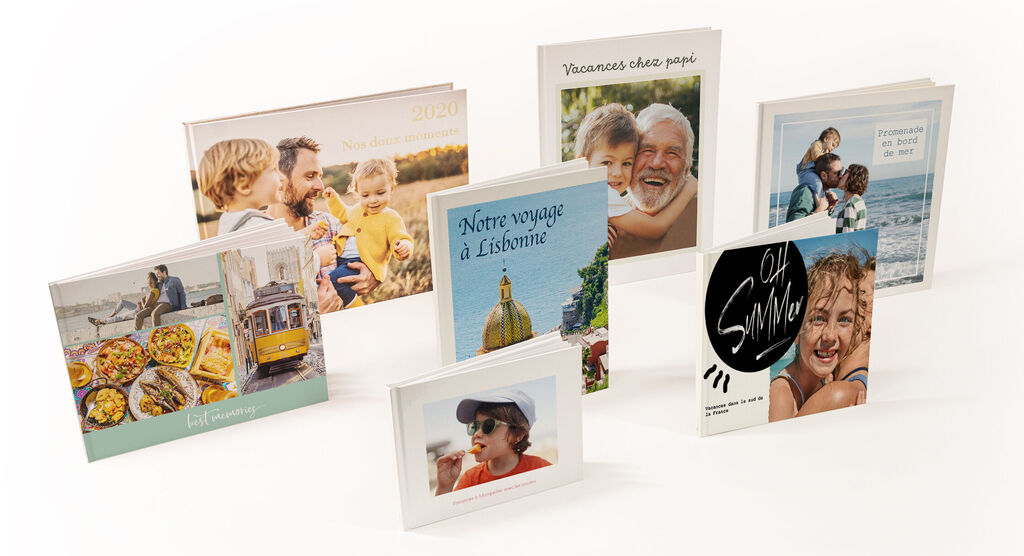 Collection de beaux livres photo montrant des souvenirs délicats, y compris des voyages et des moments familiaux