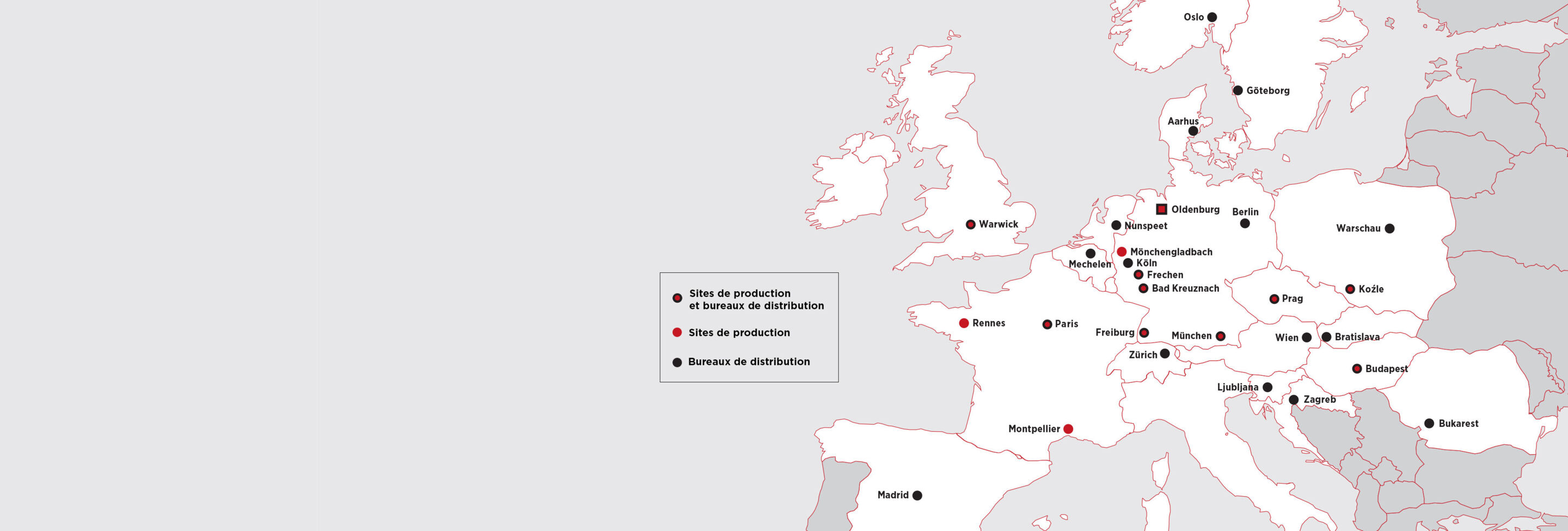 Carte d'Europe avec villes et destinations marquées dans différents pays