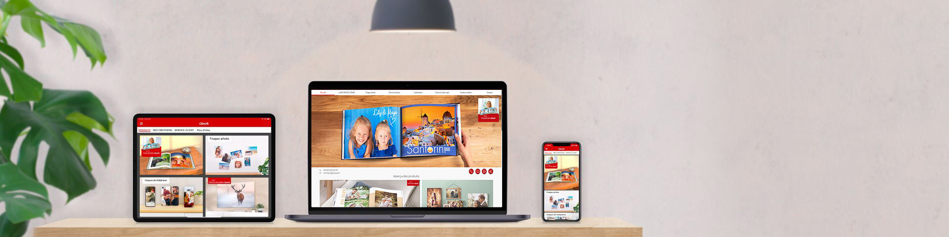 Ordinateur, tablette et smartphone affichent CEWE ALBUM PHOTO et idées créatives