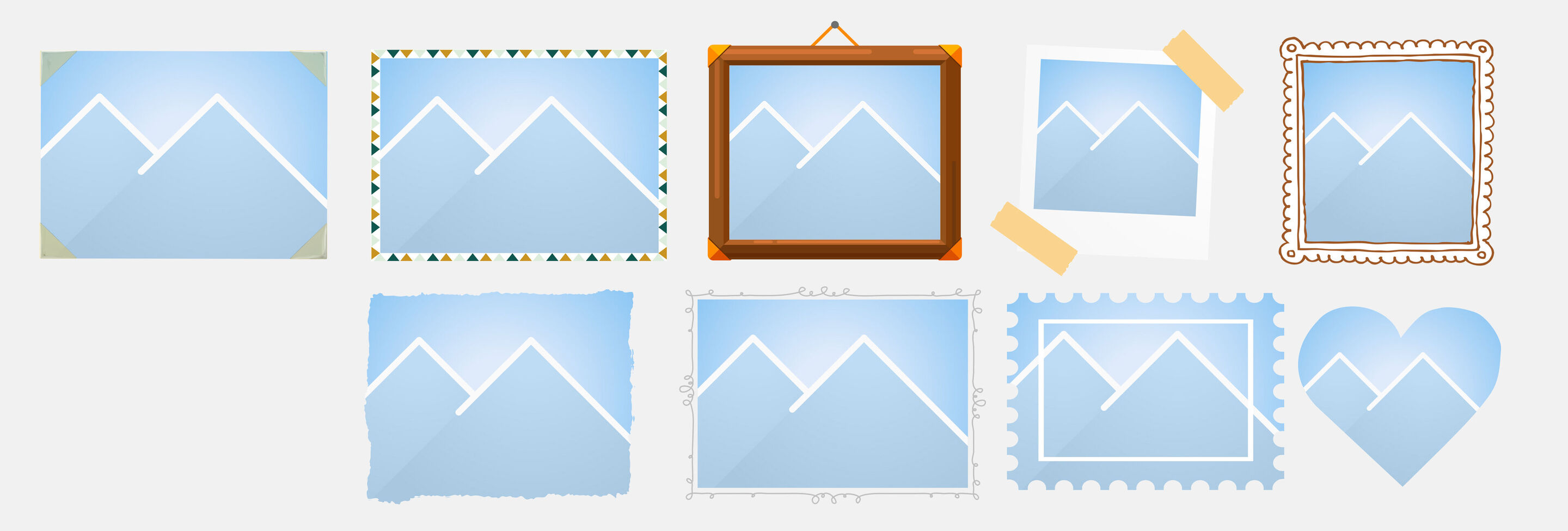 Une sélection de différents cadres photo avec un motif de montagne sur un fond bleu clair.