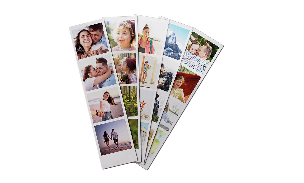 Cinq bandes photographiques verticales montrant des moments heureux, des souvenirs avec amis et famille.