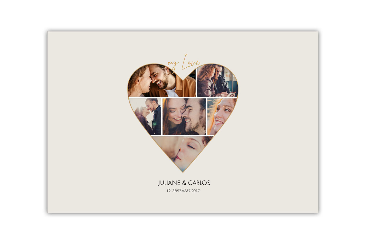 Album photo de mariage avec des images de Juliane et Carlos, découpé en forme de cœur.