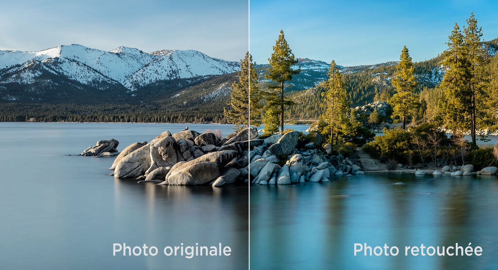Le lac avec des rochers et des arbres, montagnes enneigées en arrière-plan, à gauche l'original, à droite l'édité.