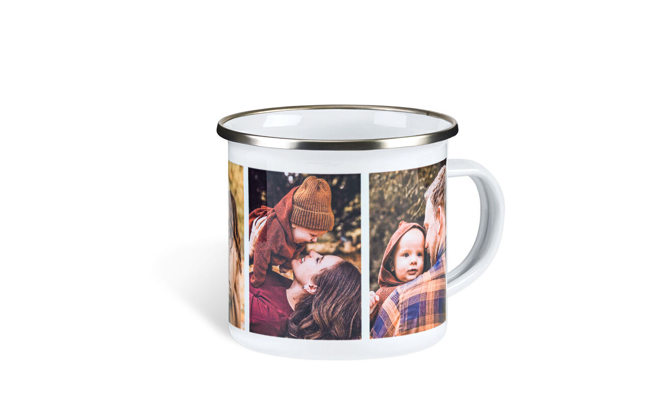 Une tasse personnalisée avec des photos de moments heureux.