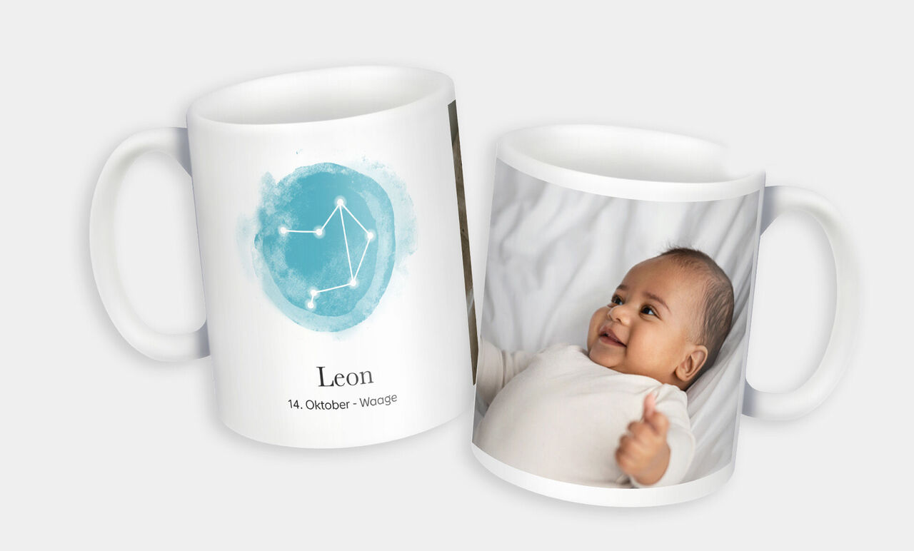 Tasse de qualité avec le signe astrologique Lion et photo de bébé.