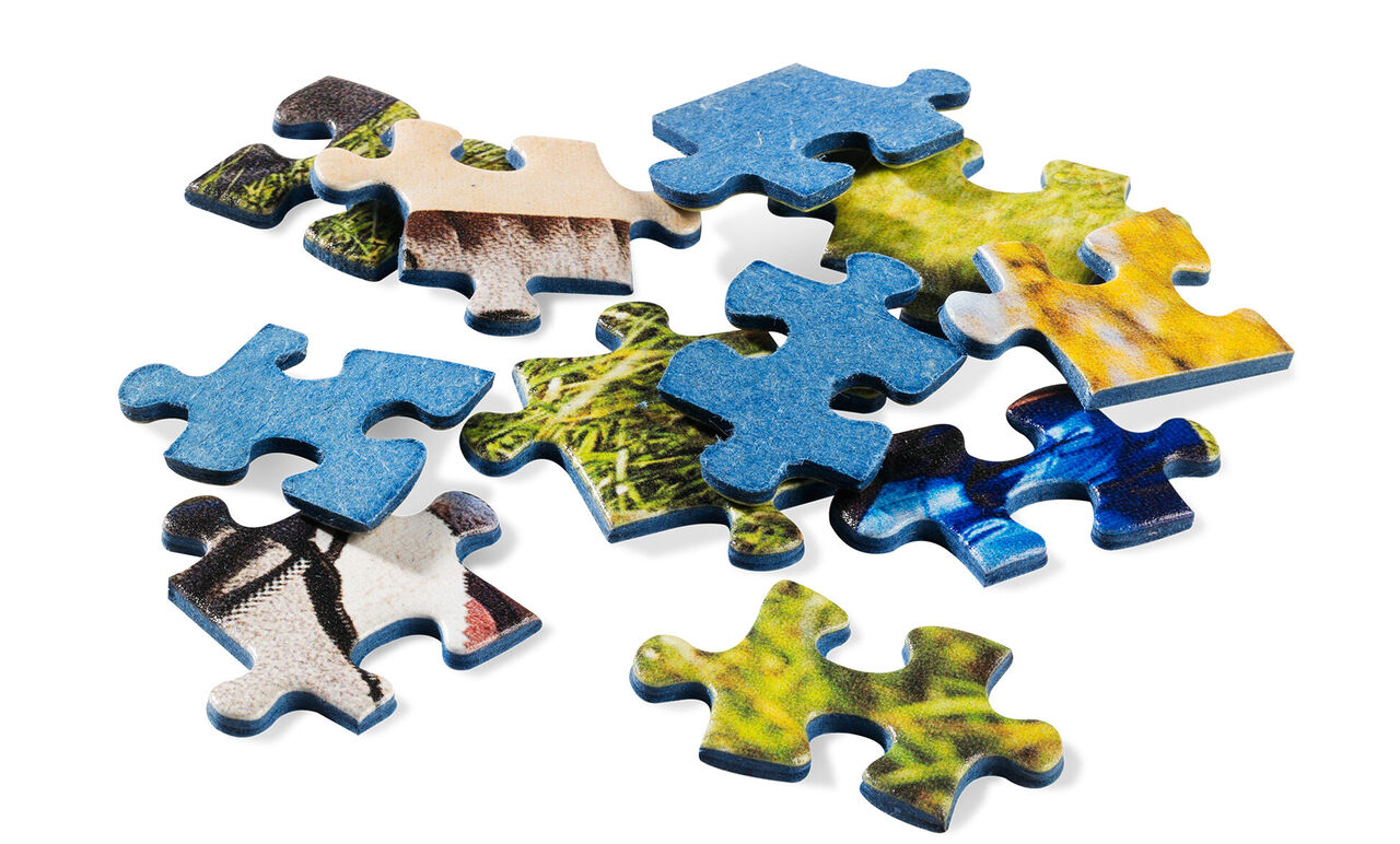 Pièces de puzzle éparpillées montrant un paysage bleu et verdoyant