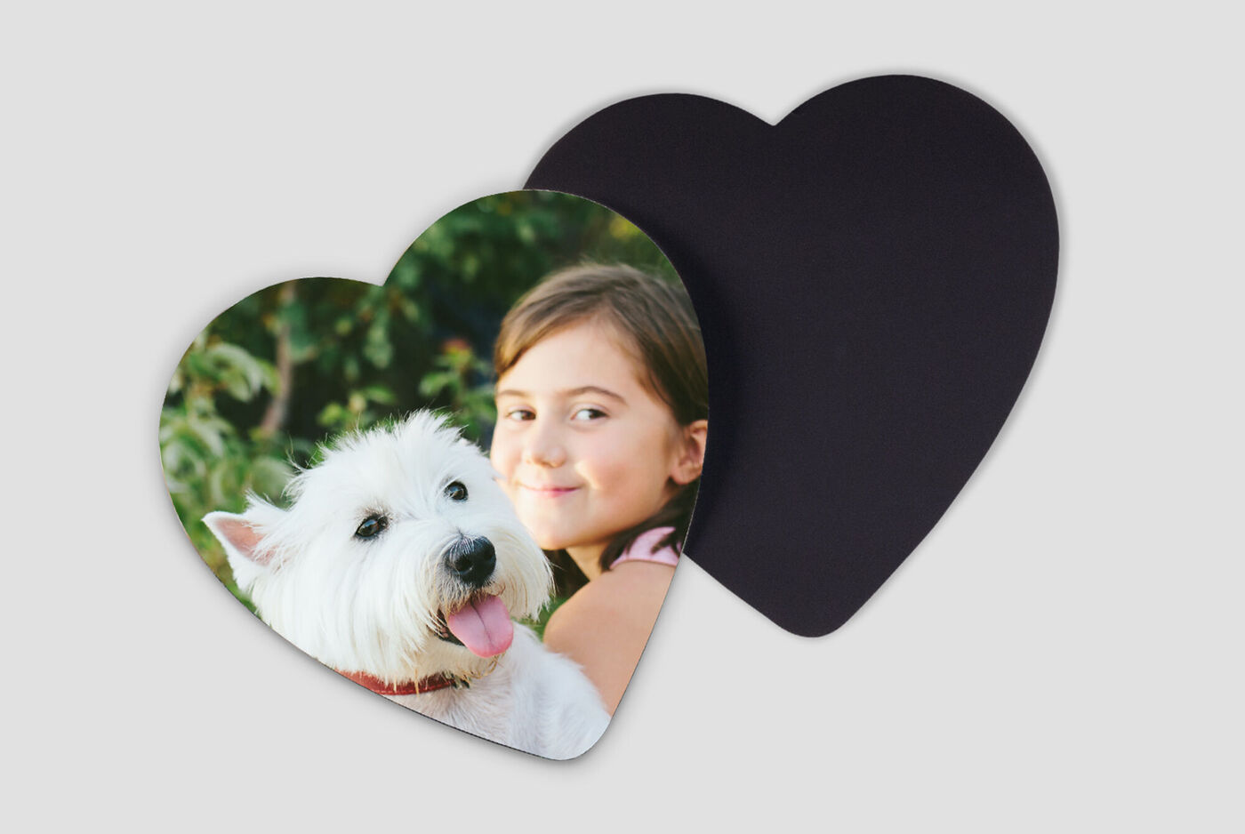 Un chien blanc avec une langue rose pose devant une fille sur une carte en forme de cœur
