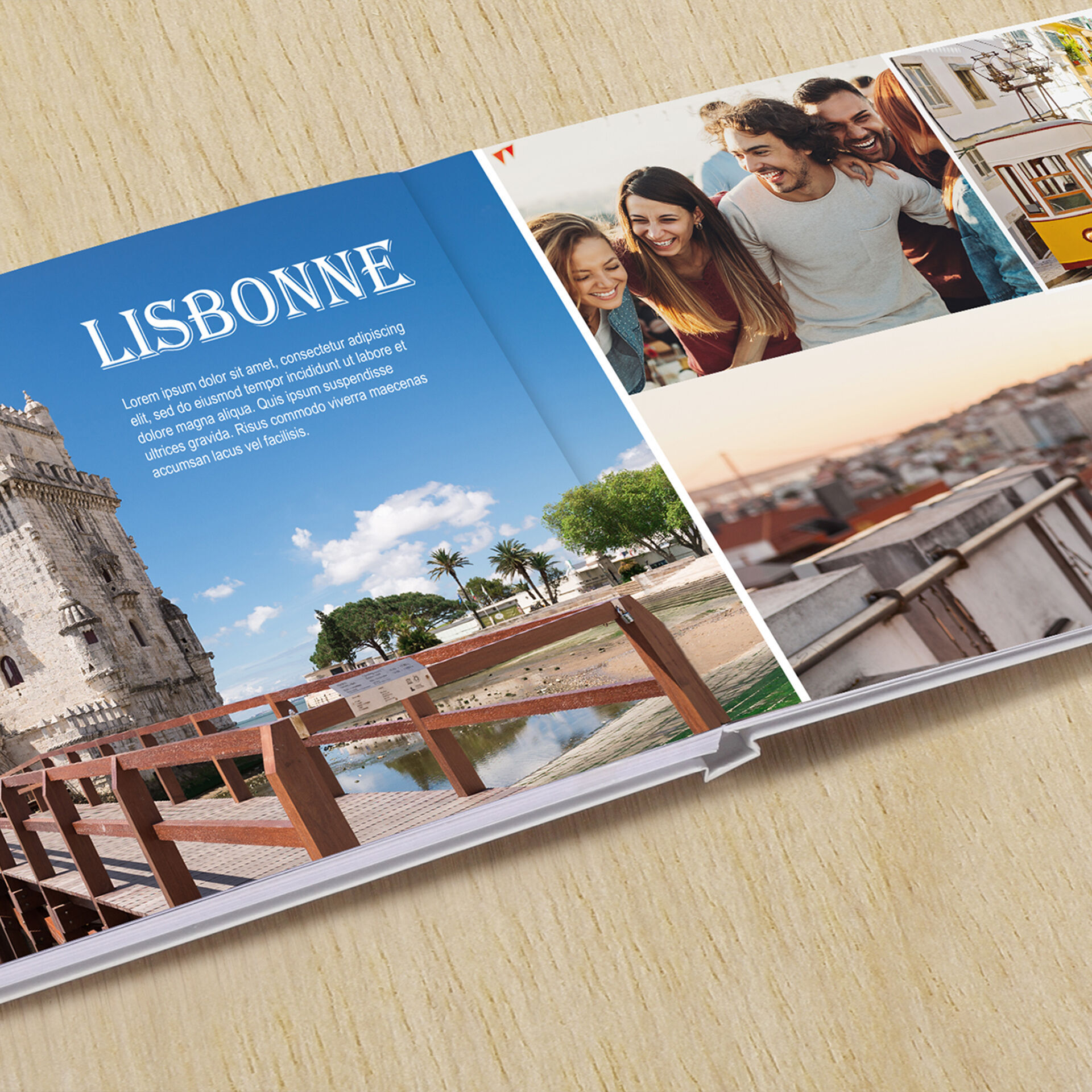 Un livre photo ouvert montre des images impressionnantes de Lisbonne, y compris une belle architecture et un beau paysage.