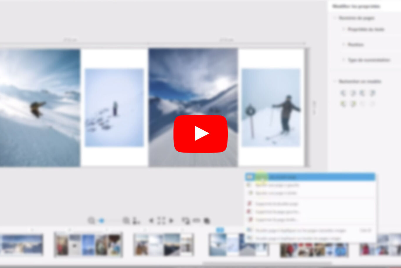 Capture d'écran d'un tutoriel vidéo sur les livres photo CEWE avec des photos de vacances en montagne.