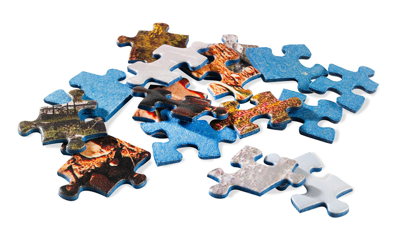 Des morceaux de puzzle colorés éparpillés sur un fond blanc