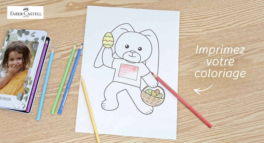 Image de coloriage colorée d'un lapin avec des œufs de Pâques et un panier.