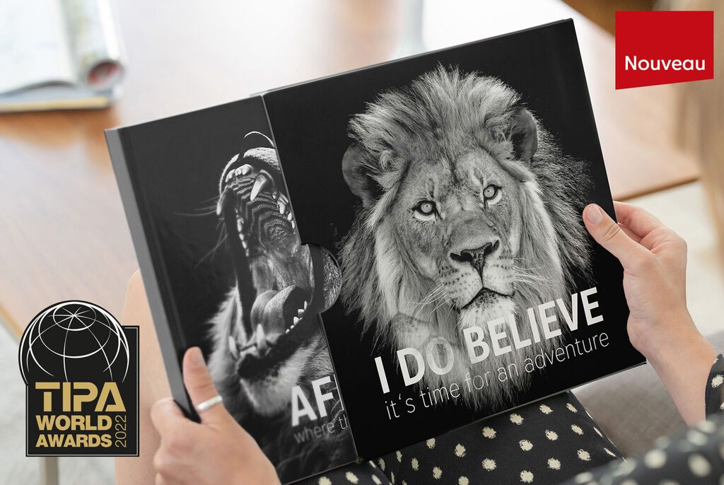 Une personne tient un album photo CEWE avec une couverture de lion et un singe. Le titre est "JE CROIS que c'est le temps pour une aventure".