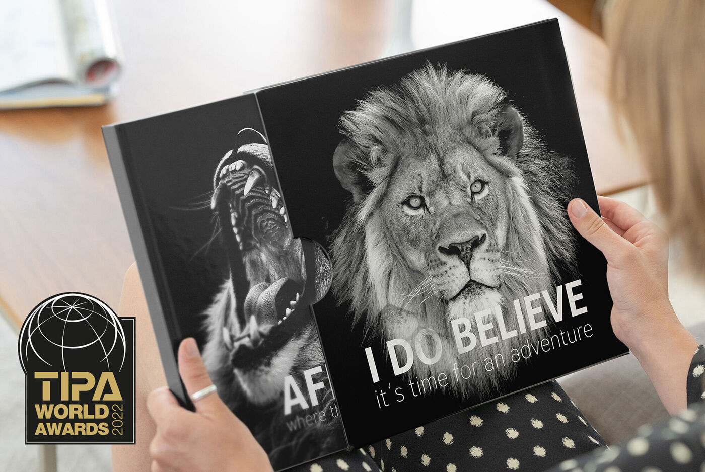 Deux portraits animaliers impressionnants en noir et blanc dans un album photo. Un lion et un singe sont représentés.