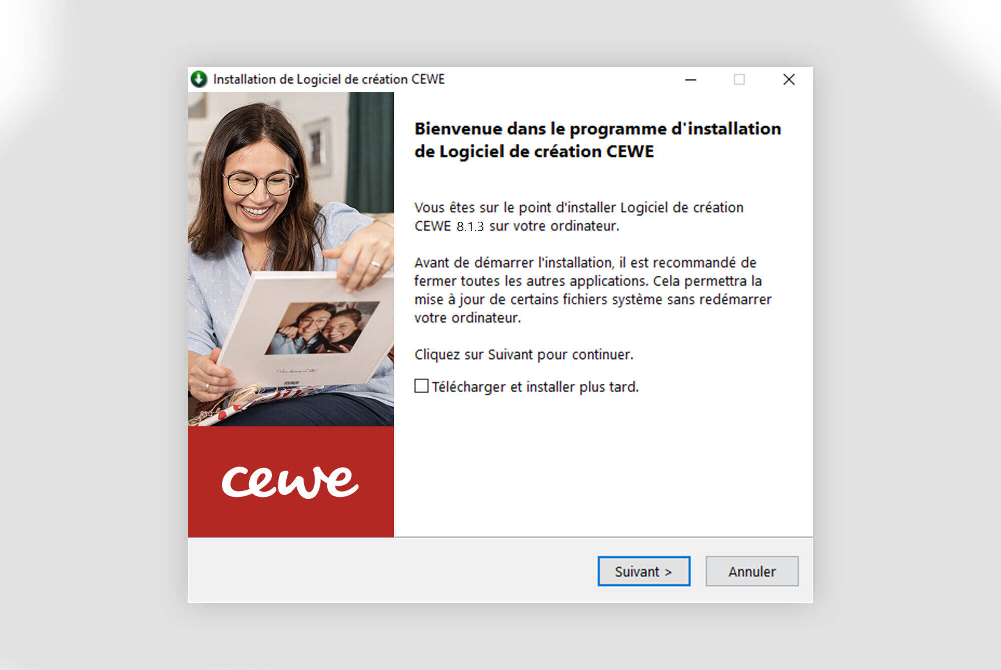 Capture d'écran de l'installation du CEWE Photo Book avec une interface montrant des options d'installation.