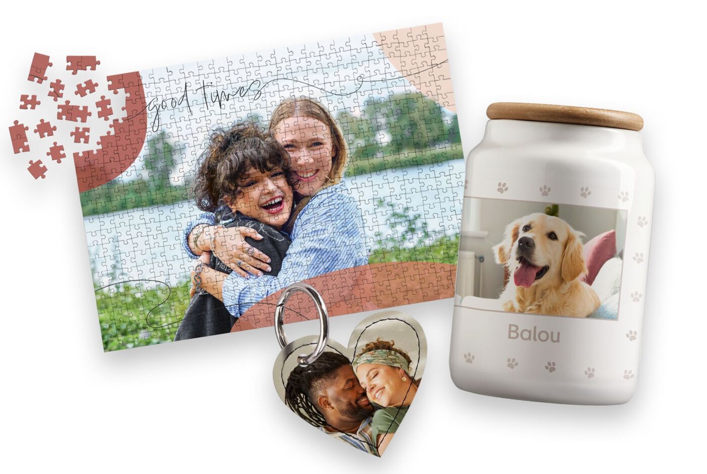 Cadeaux photo personnalisés avec puzzle, gourde et porte-clés