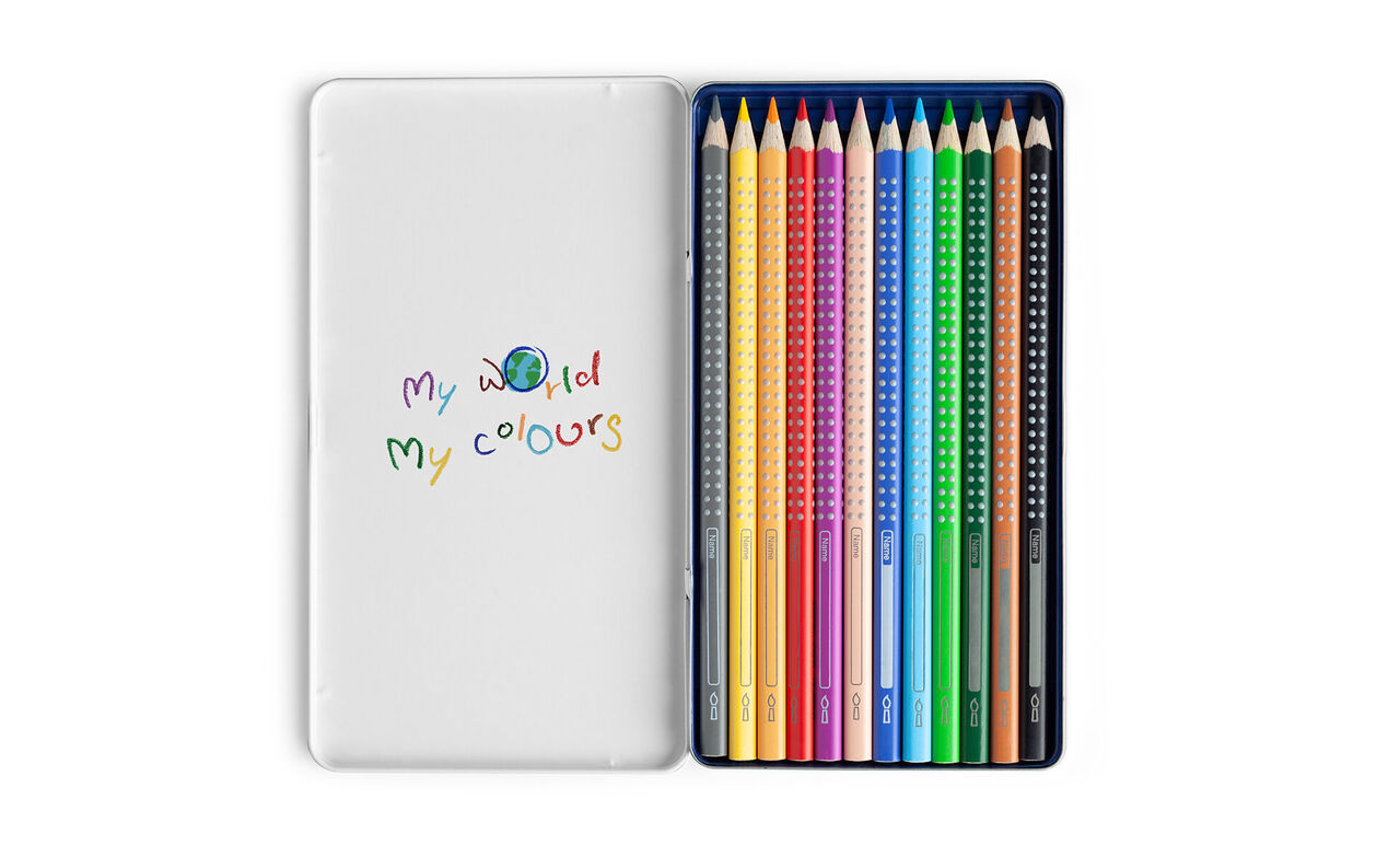 Crayons colorés dans une boîte transparente avec l'inscription 'Mon Monde, Mes Couleurs'