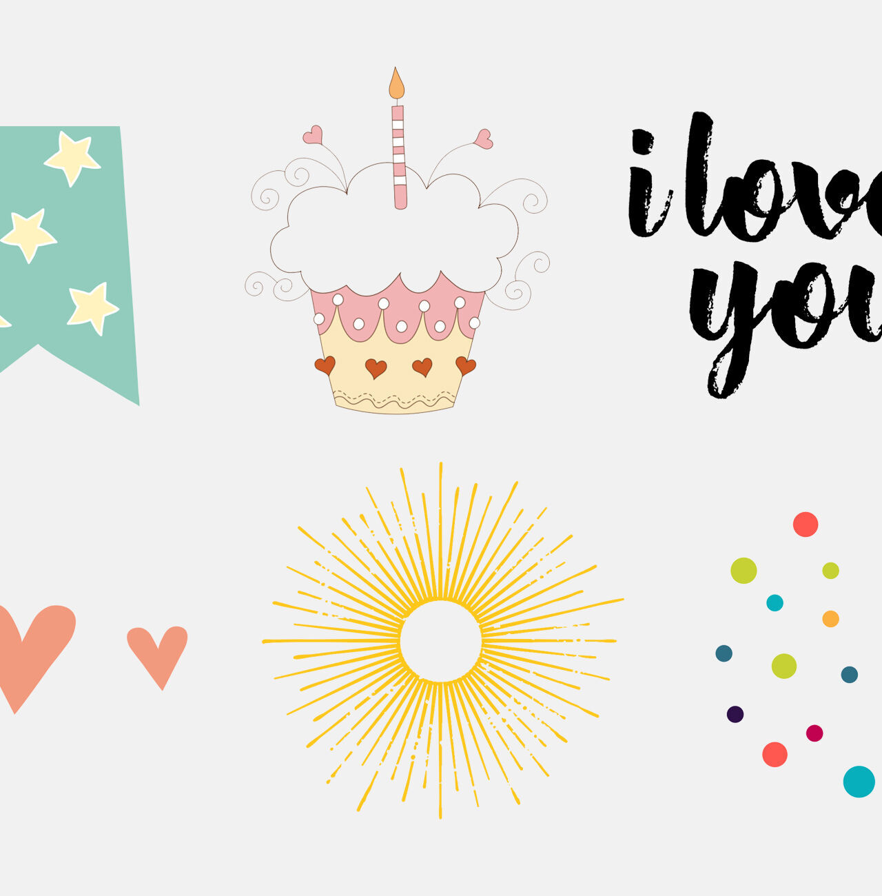 Graphismes colorés avec un gâteau d'anniversaire, des cœurs et l'inscription 'Je t'aime'.