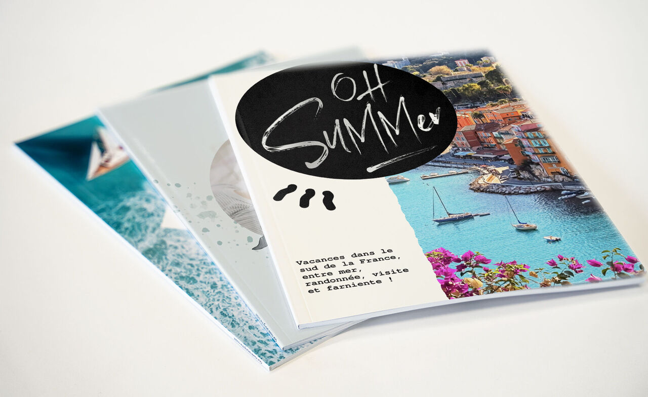 Trois albums photo CEWE avec des designs estivaux et des images colorées.