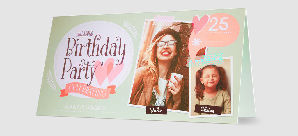 Un joli design pour une invitation d'anniversaire avec des coeurs.