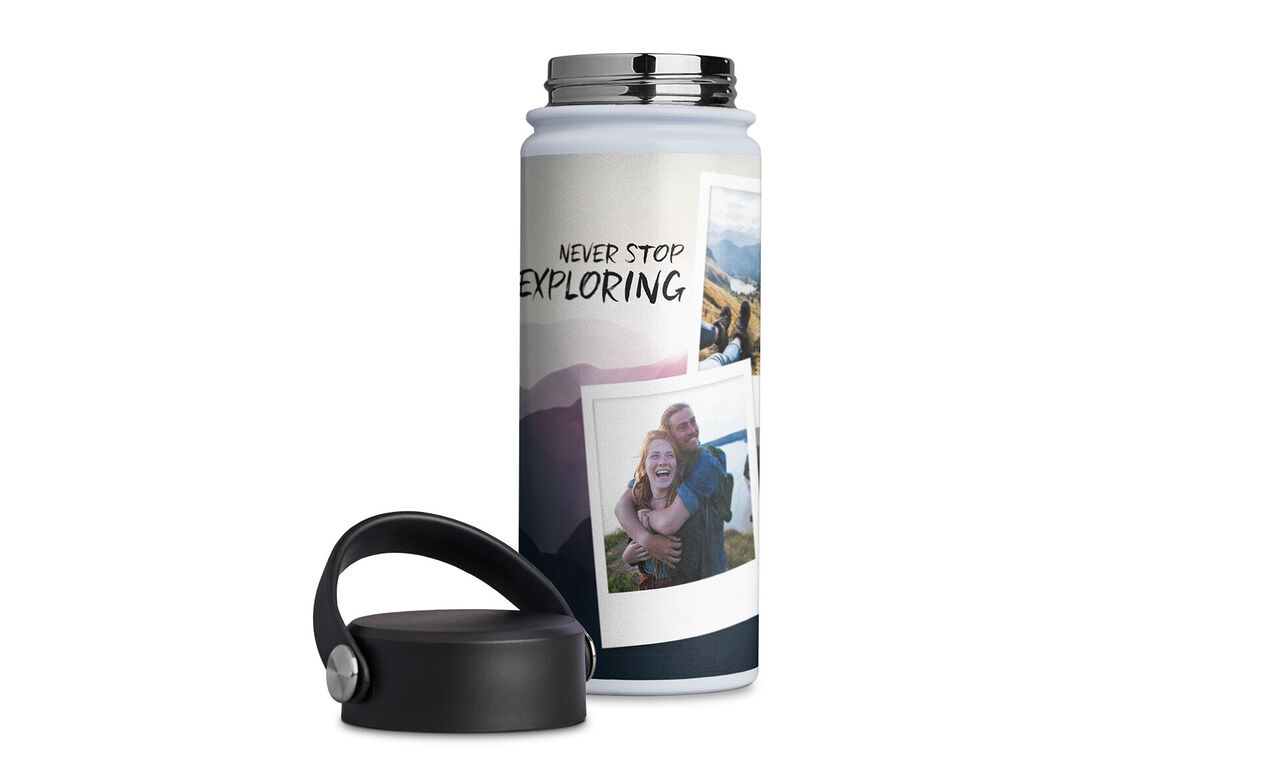 Bouteille personnalisée avec des photos et le texte 'Never Stop Exploring'