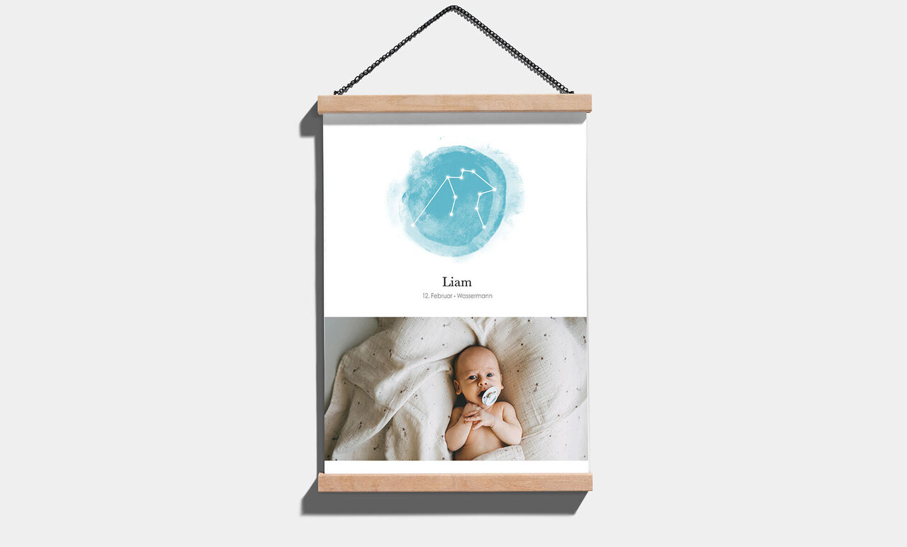 Poster magnifiquement conçu avec le nom Liam et un motif bleu doux représentant des étoiles.