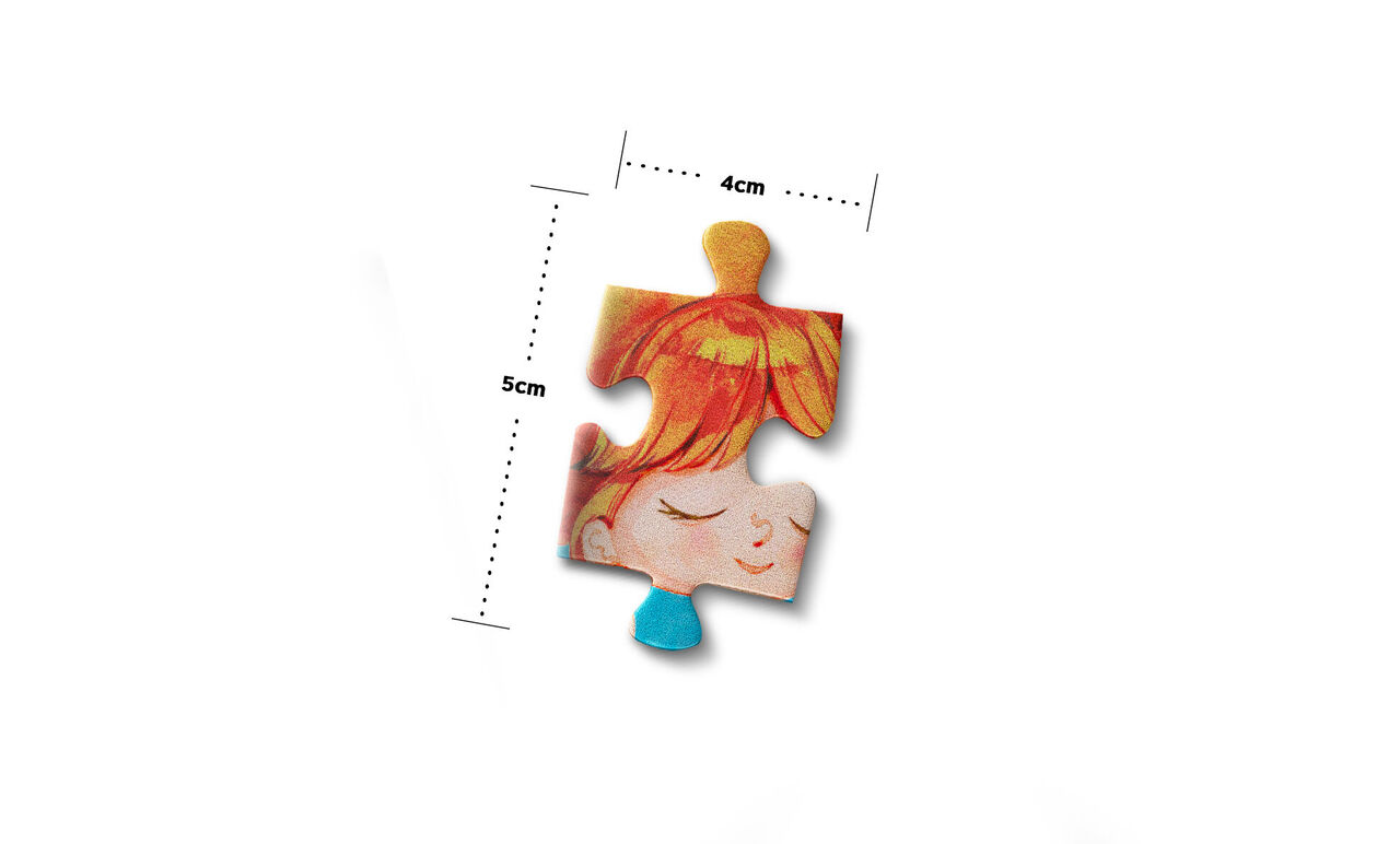 Pièce de puzzle illustrée d’une sirène rousse sur fond blanc avec dimensions