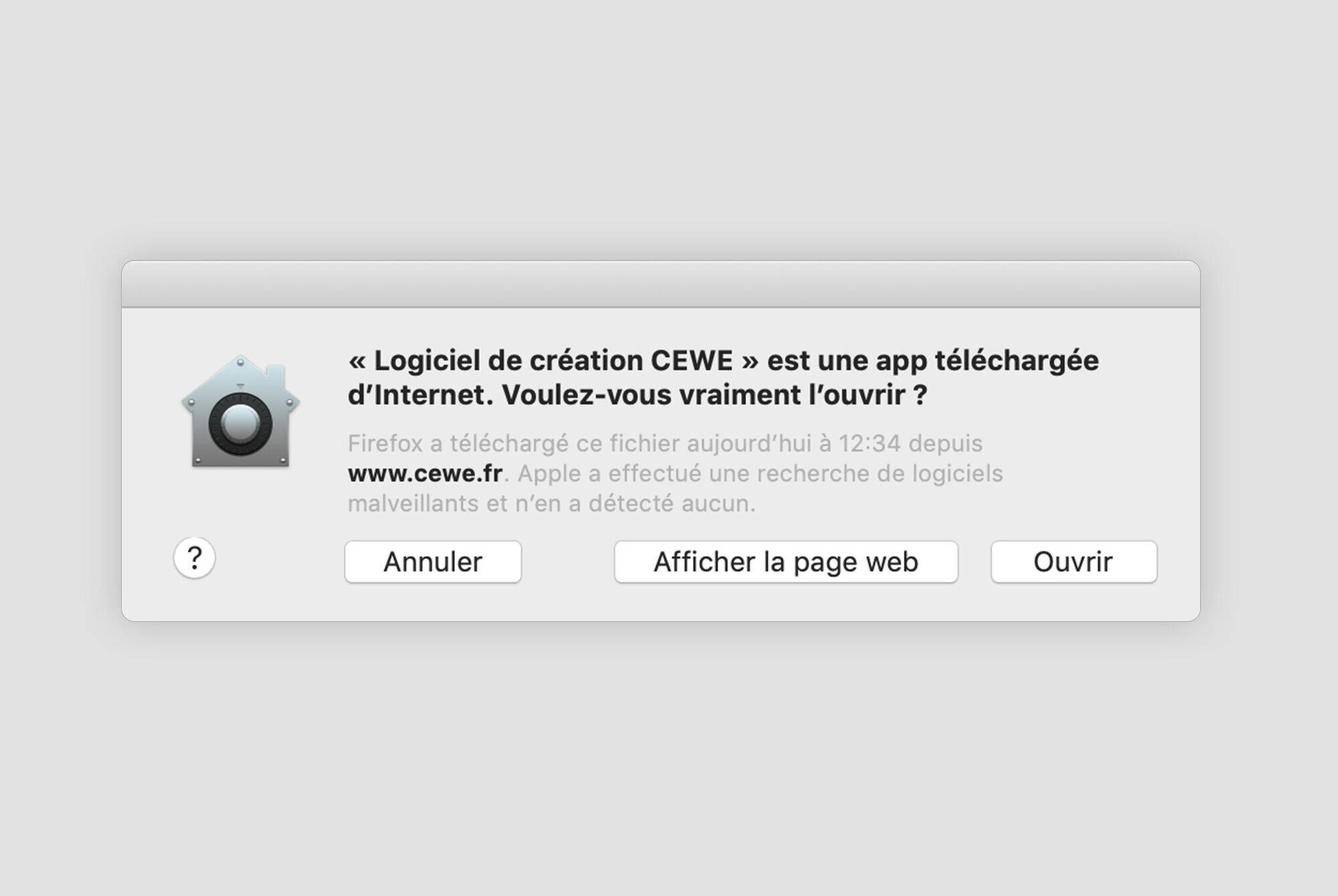 Capture d'écran d'un avertissement de Firefox pour un logiciel CEWE.