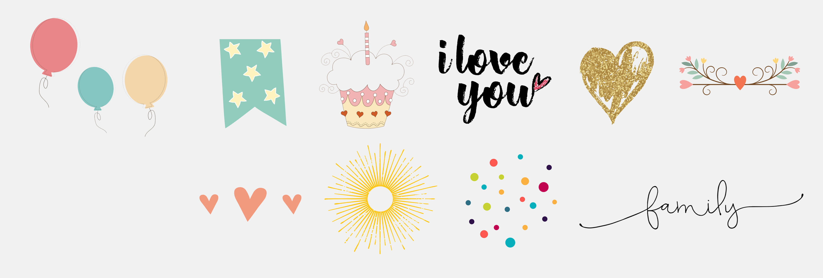 Illustrations colorées avec des ballons, des motifs de cœur et un cupcake.