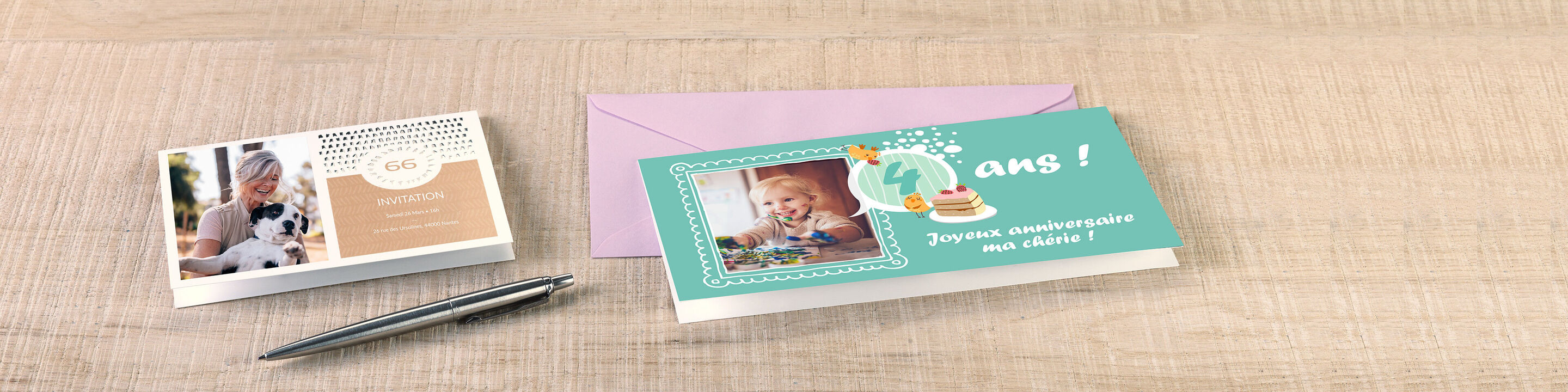 Cartes de vœux CEWE avec design festif et image d'un enfant souriant