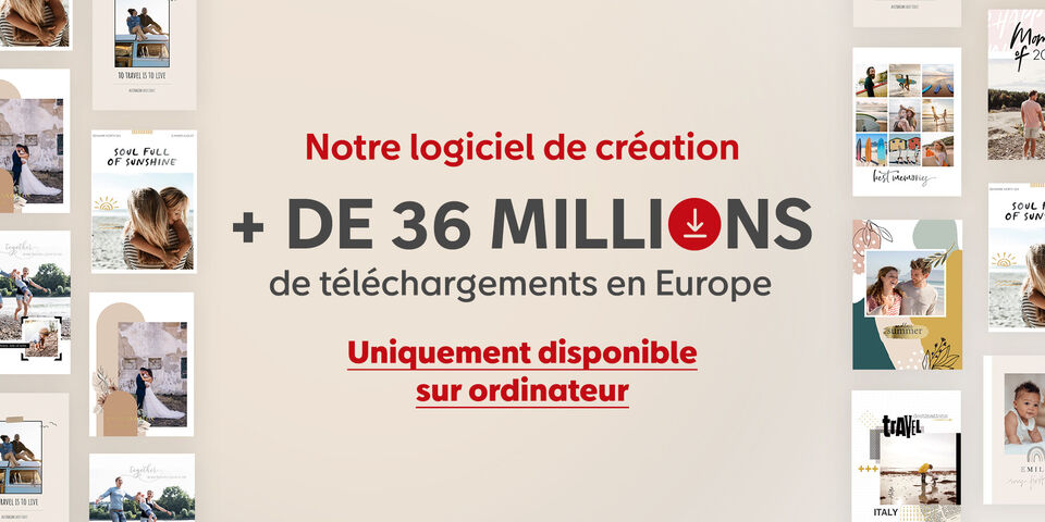 L'écran montre divers layouts d'un programme de design. Plus de 36 millions de téléchargements disponibles en Europe. Design moderne et attractif.