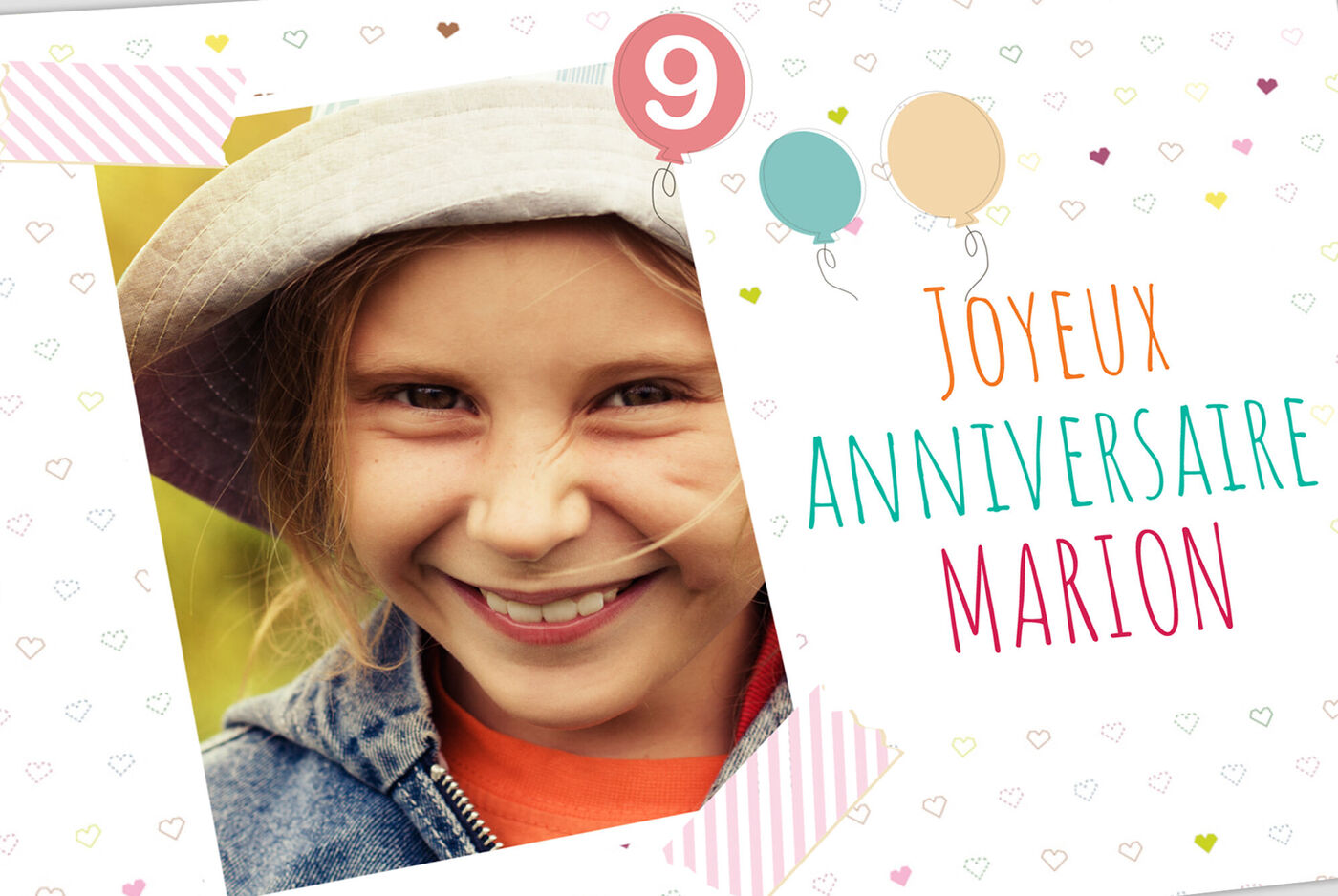 Carte d'anniversaire colorée avec confettis et ballons, disant 'Joyeux Anniversaire Marion'.