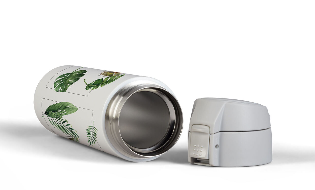 Bouteille thermos réutilisable avec design de feuille verte et couvercle blanc