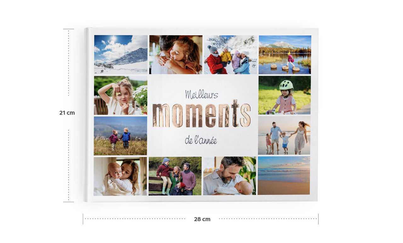 Album photo CEWE avec un collage de souvenirs familiaux et de voyages.
