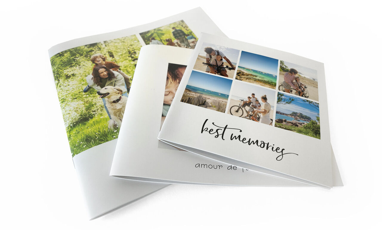 Deux albums photo CEWE avec des souvenirs et des photos de famille dans la nature et sur la plage